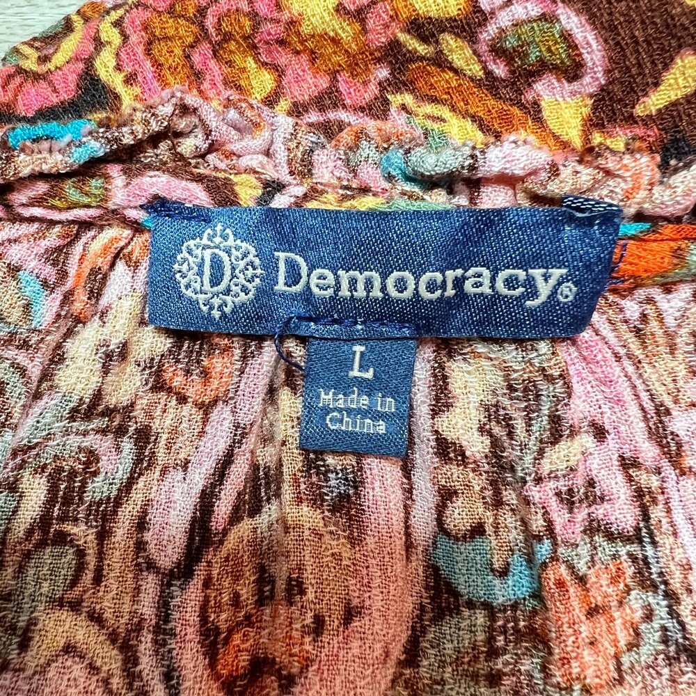 Democracy Peasant Blouse Women's L Brown Paisley V-Neck Bubble Half Sleeves - Picture 6 of 10